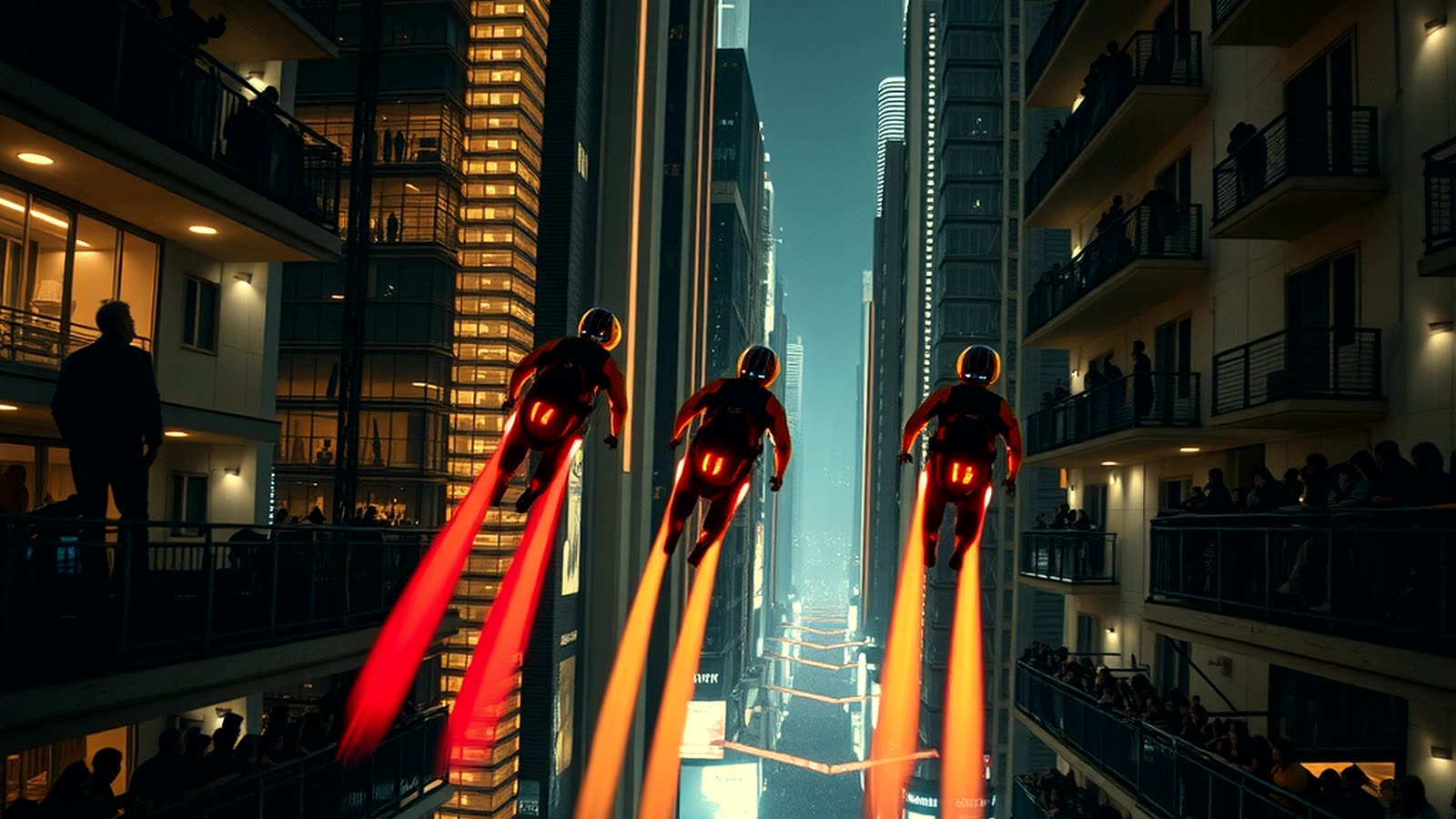 Four racers flying in formation through a canyon of illuminated skyscrapers
