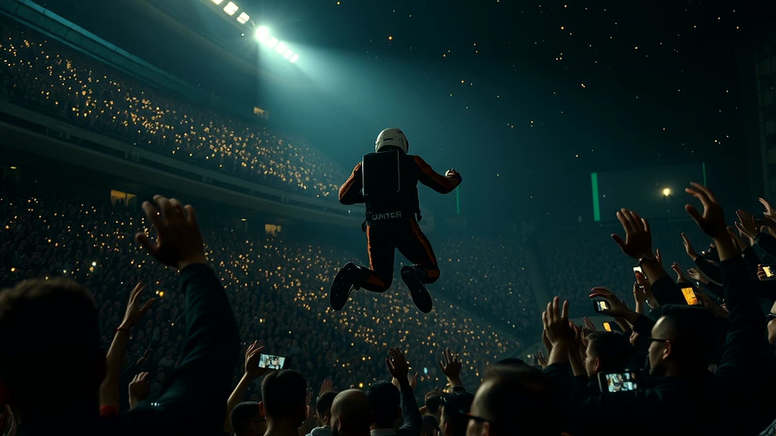 A stadium crowd on their feet at night as a racer passes overhead