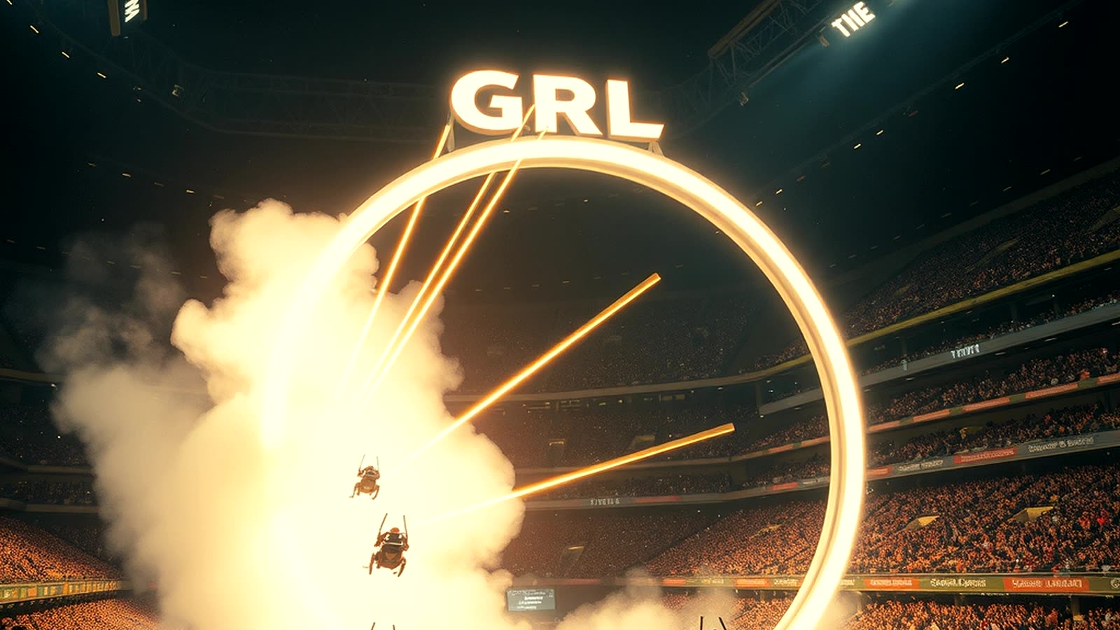 A racer crossing an illuminated finish gate erupting in light and sparks