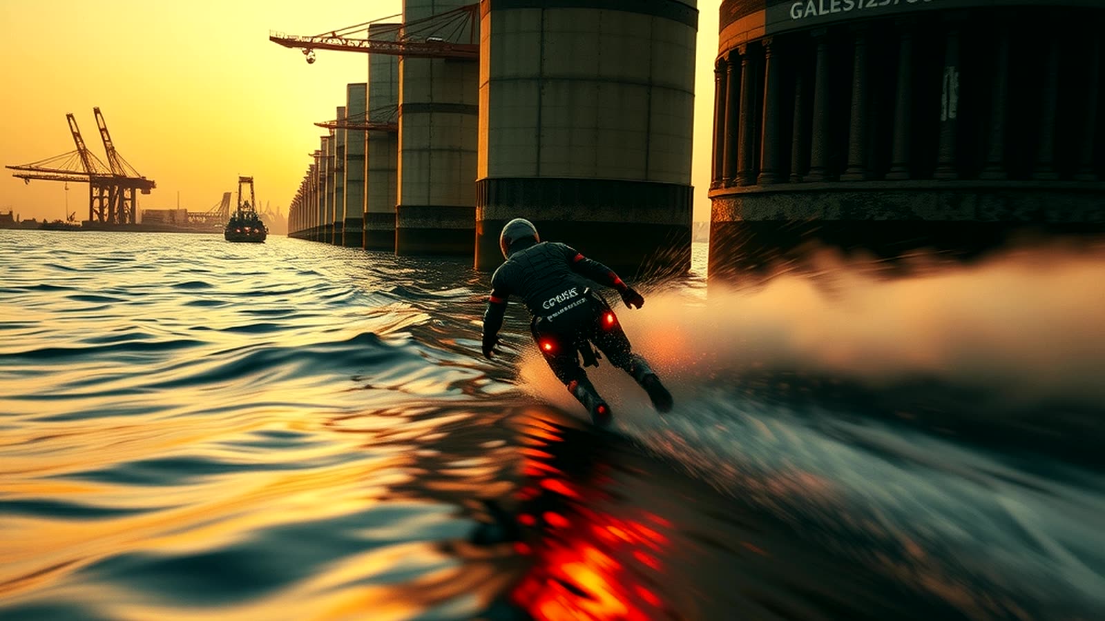 A racer flying a metre above open water between harbour pylons at sunrise