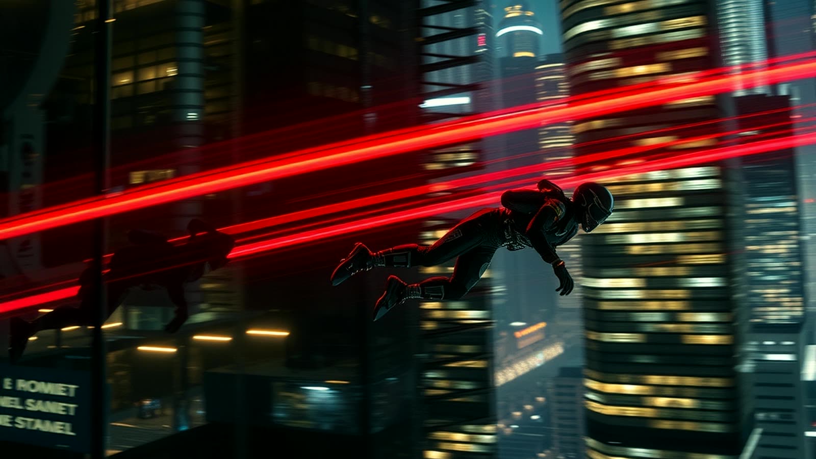 A racer flying inches from the mirrored face of a skyscraper, reflection racing beside them