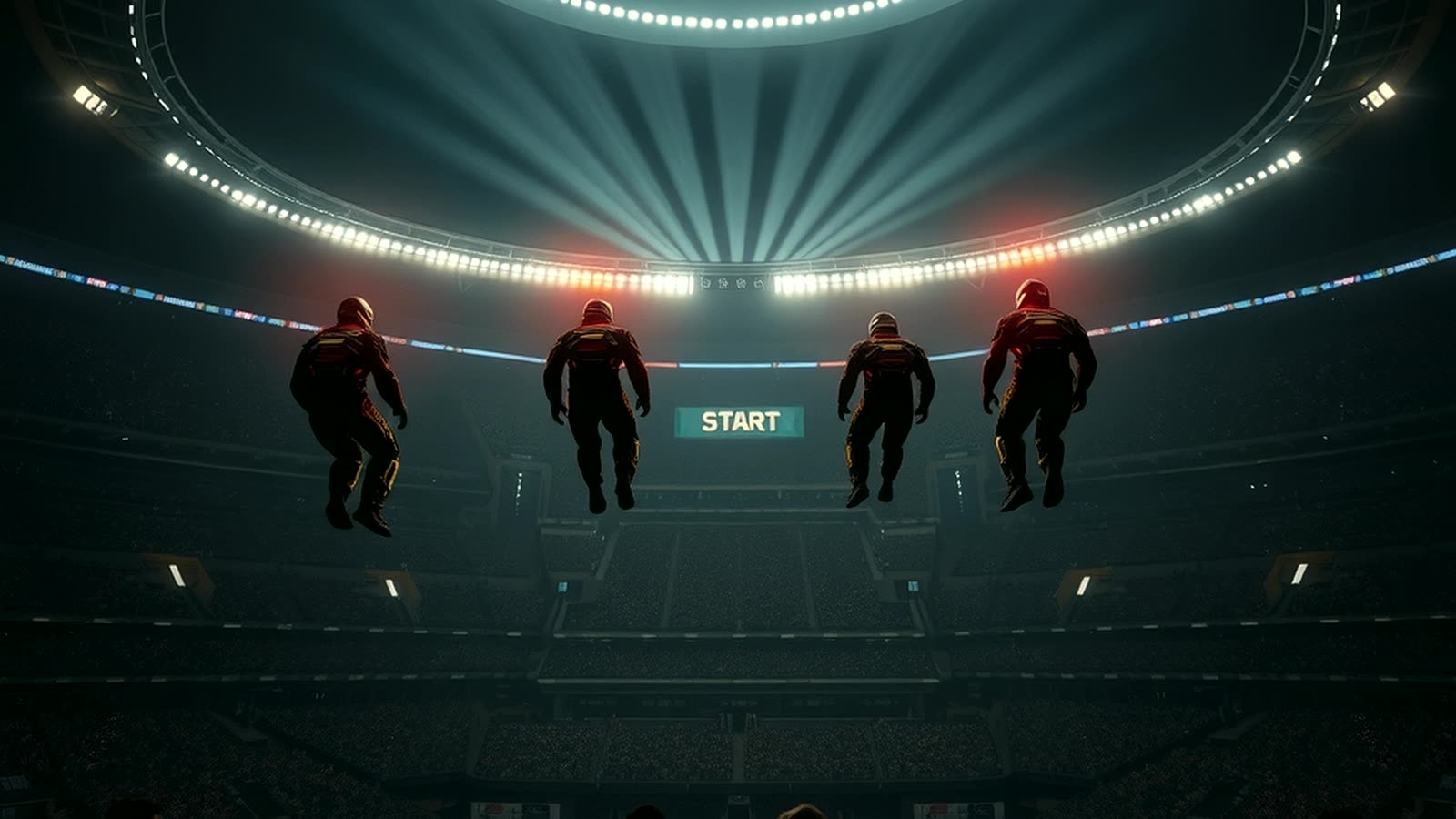 Four racers hovering inside an illuminated start ring above a packed stadium