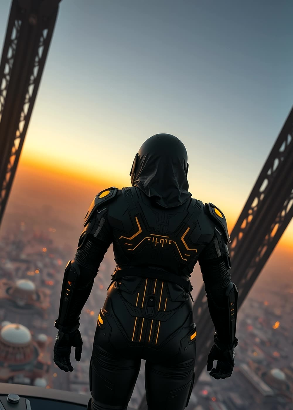 Layla Al-Mansouri of Al-Qasr on a launch tower above a desert city at dusk