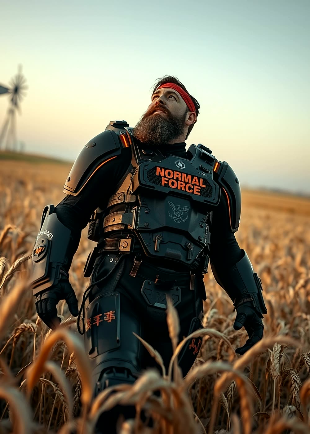Duke Hollister of Normal Force in gunmetal exo armour standing in Kansas wheat at dawn