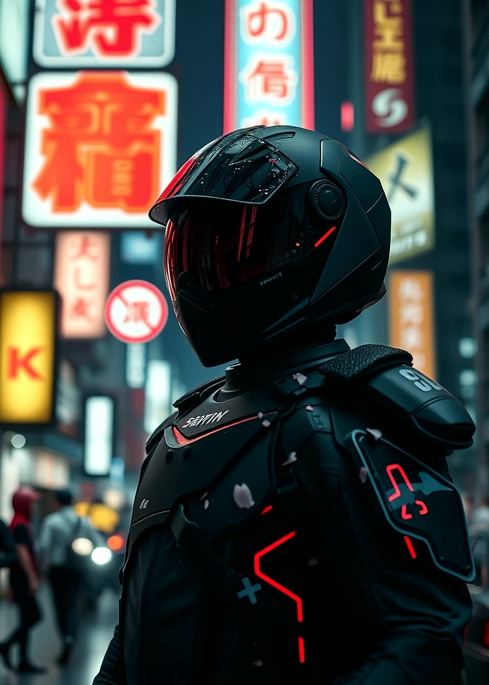 Kenji Arakawa of Shinsei in matte black exo armour under Tokyo neon in the rain
