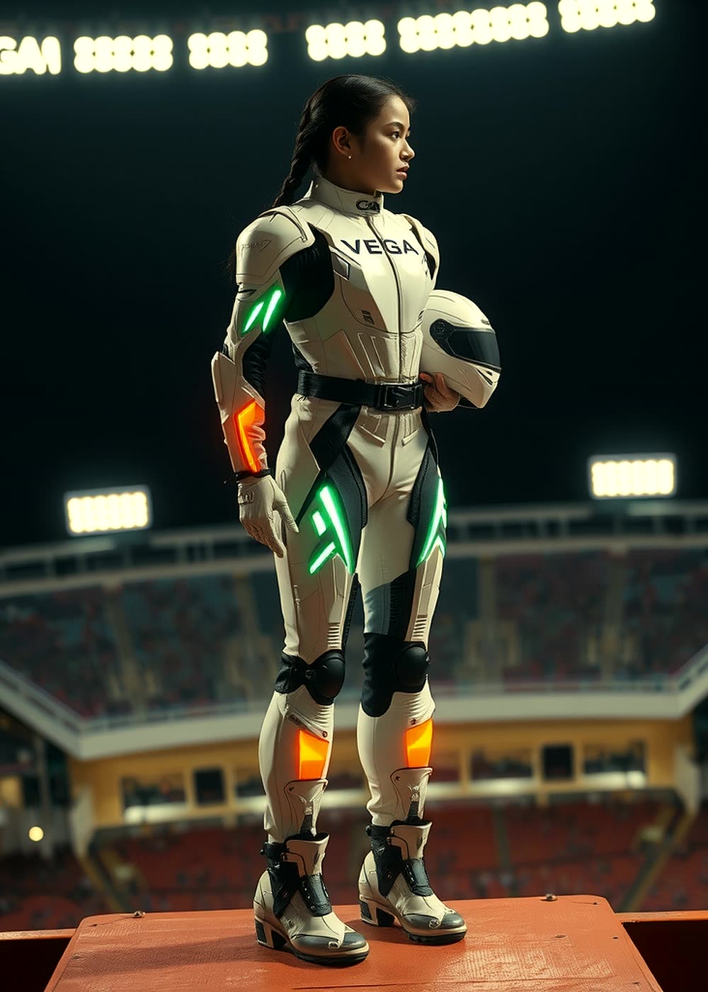 Priya Vaidya of Vega India in white exo armour on a launch platform at night
