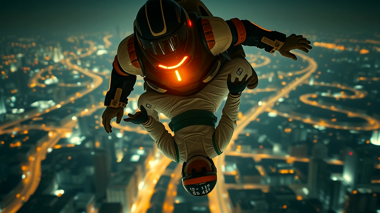 One racer passing another inverted, high above a city at night