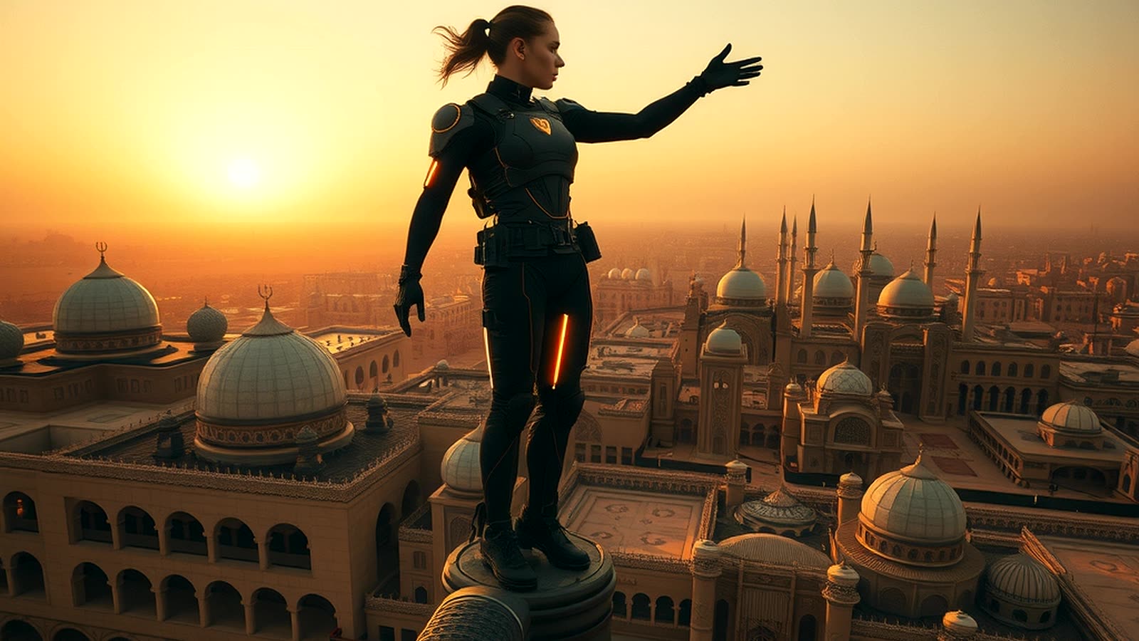 A racer stepping off a launch tower above a desert city of domes and minarets
